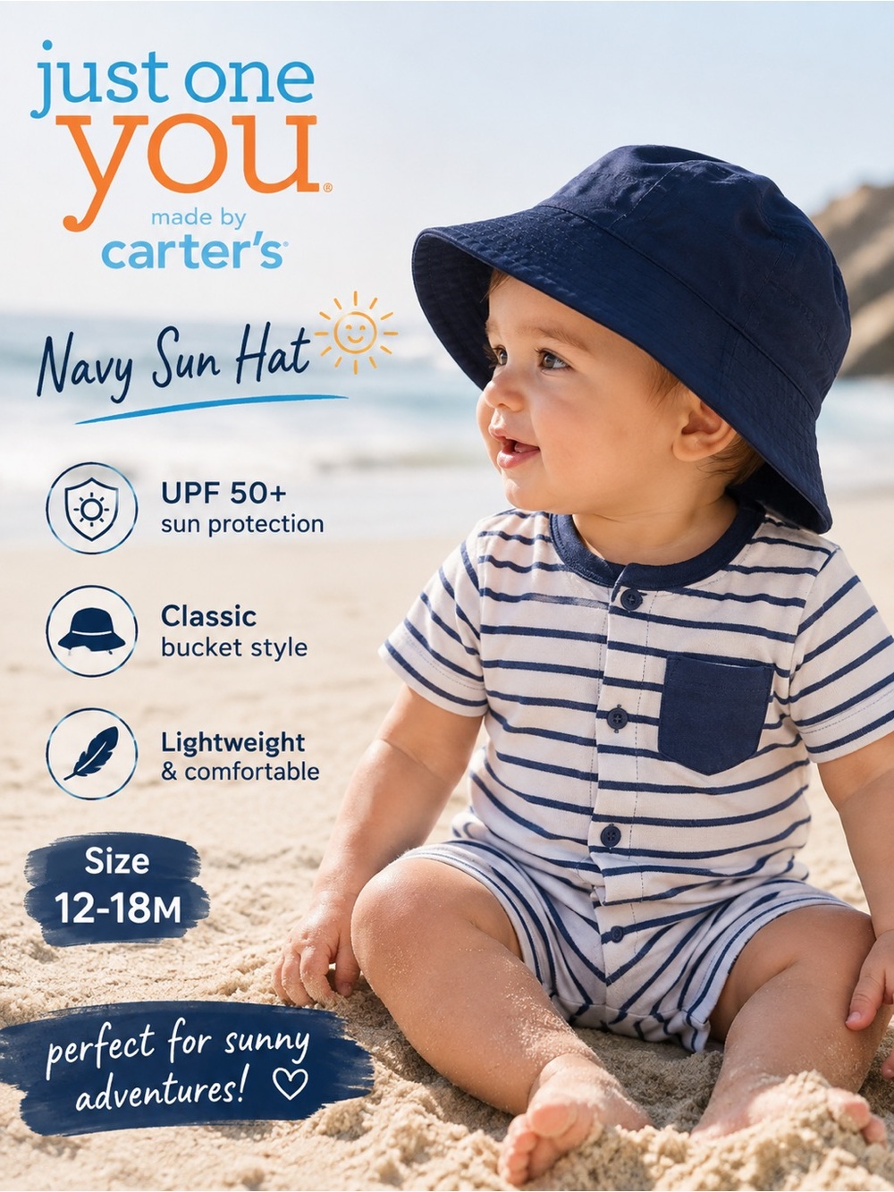 Just One You Carters Baby Navy UPF 50 Sun Bucket Hat 12-18M NWT
